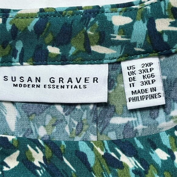 Susan Graver Liquid Knit Modern Essentials Top 2XP Abstract Green Office Mature - Picture 3 of 7